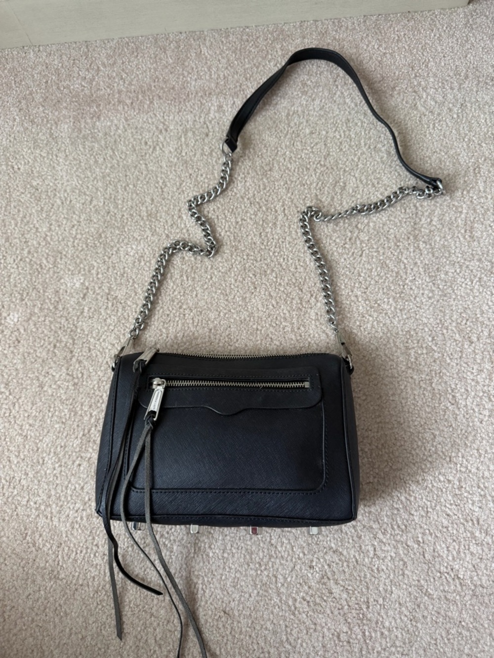 Rebecca Minkoff Black Leather Crossbody with Silver Chain Strap
